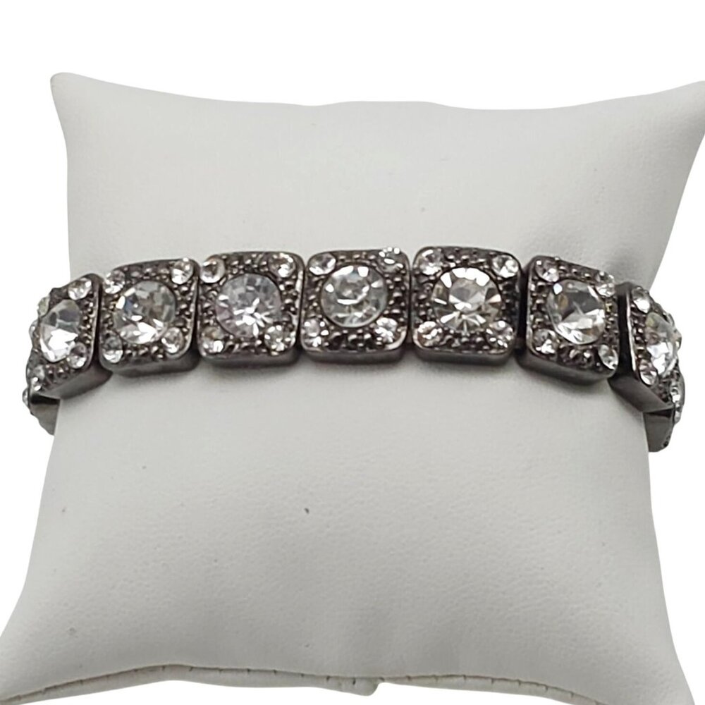 Vintage Silver Tone Clear Pave Rhinestone Stretch Bracelet Gunmetal Gray Fashion